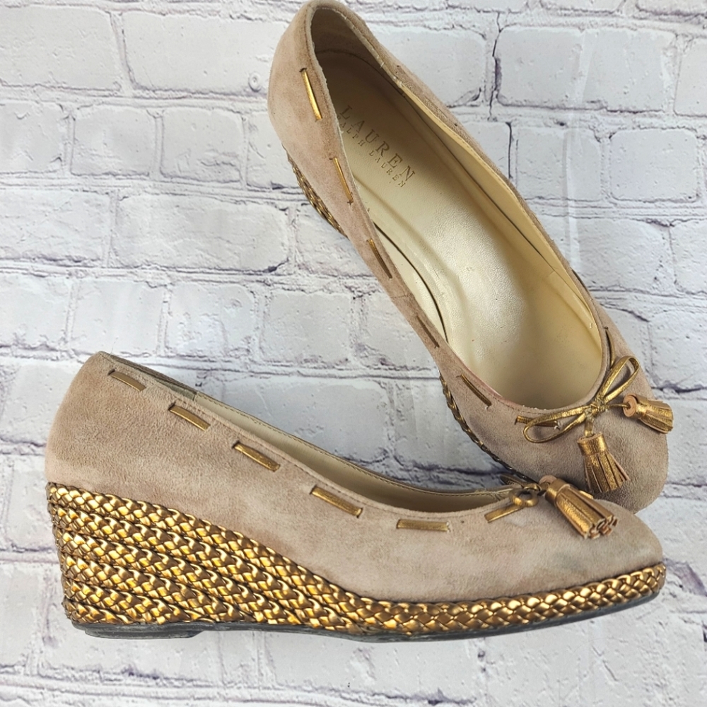Lauren Ralph Lauren Espadrille Suede Tassel Wedges Shoes Tan Gold Wm's 10 Preppy